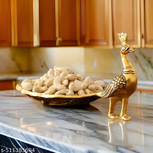 Metal Decoractive Showpiece Gold Peacock Shape Dry Fruit Serving Tray/plats, Snacks, Floating Flowers for Home Decoration Table Dining Décor