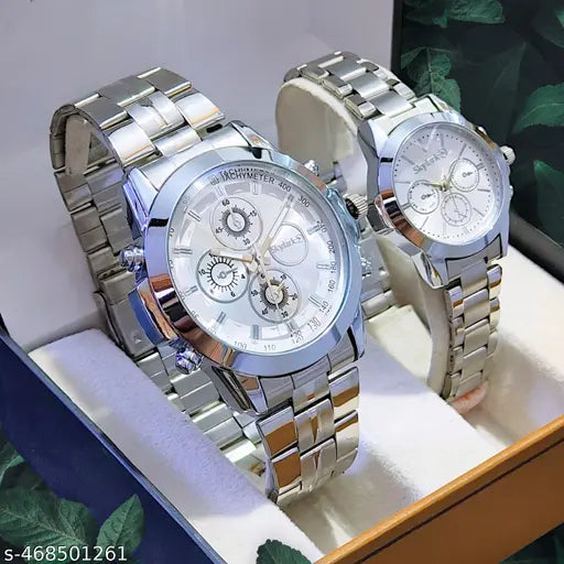 Attractive Coronagraph Design Silver Stainless Steel couple watch combo party wedding Couple Wedding Gift Combo, Anniversary Gift Combo, Couple Gift set - Men & Women