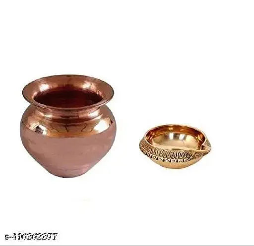 SANSKAARI Combo of Copper (3 No Regular Size) Kalash Lota with Kuber Pedi (Small Size) Diya