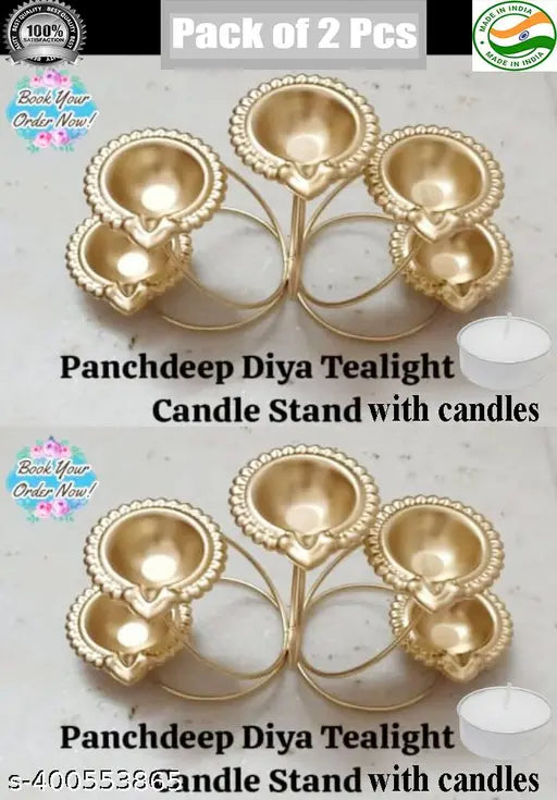 Taj India Handicrafts Metal Panchdeep Diya T-Light Candle Holders (22x7.5x10 CM) (Pack of 2 Pcs) for Diwali Lighting with T-Light & with Gold Powder Coated & Free Candles for Home & Diwali Decoration.