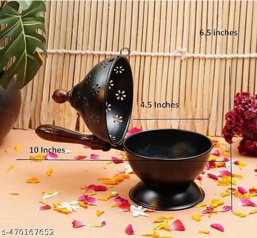 SM India Metal Dhoop Dani Loban Burner Holder Stand for Home | Dhup Kapoor Dani for Puja with Wooden Holder | Sambrani Holder | Dhuni Burner Samrani Batti Stand for Pooja | Dhup Stand Incense Oud Burner- Black