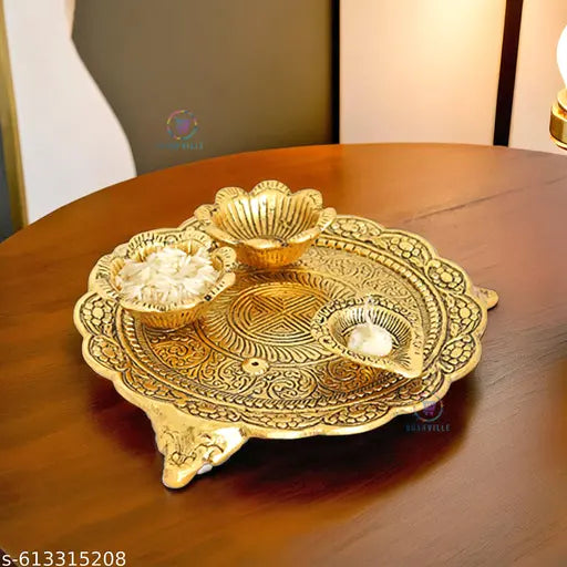 Brass Golden Metal Pooja Thali with Kumkum & Rice Holders | Designer Puja Plate for Mandir Decoration | Traditional Religious Gift Item for Diwali Festivals & Rituals