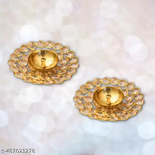 SANSKAARI -  Brass Crystal Diya Round Shape Deep Akhand Jyoti Oil Lamp for Home Temple Puja Decor Gifts Set of 2