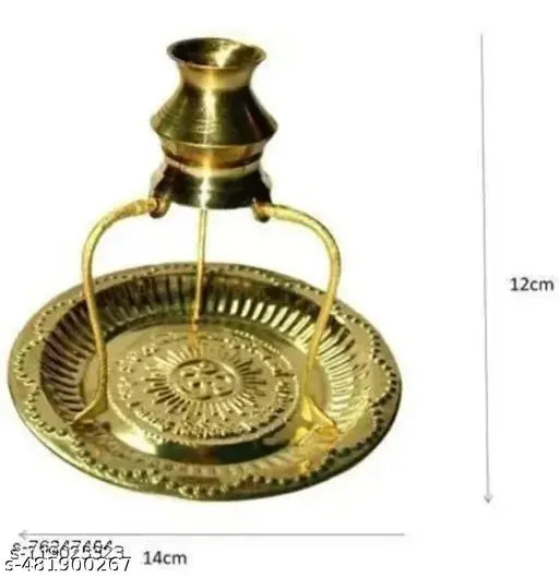 Brass Pooja Plate Thali with Shivling Stand and Abhishek Lota Kalash Brass (1 Pieces, Gold) Decorative Showpiece - 12 cm