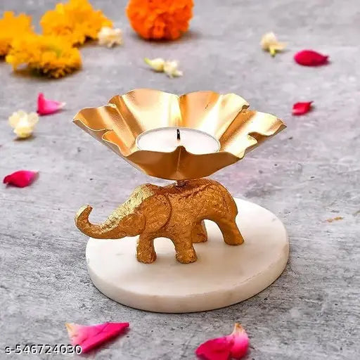 N R CRAFT Metal Flower Shaped Tealight Candle Holder with Detachable Elephant Base - Gold (Pack of 1)