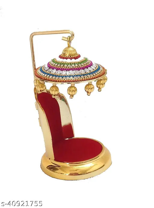 Decorative Golden Miniature Temple Throne for God Idol | Multicolor Stone Studded Singhasan for Puja Mandir | Small Bajot Gaddi for Laddu Gopal, Krishna, Ganesha | Brass Look Spiritual Decorative Gift Item