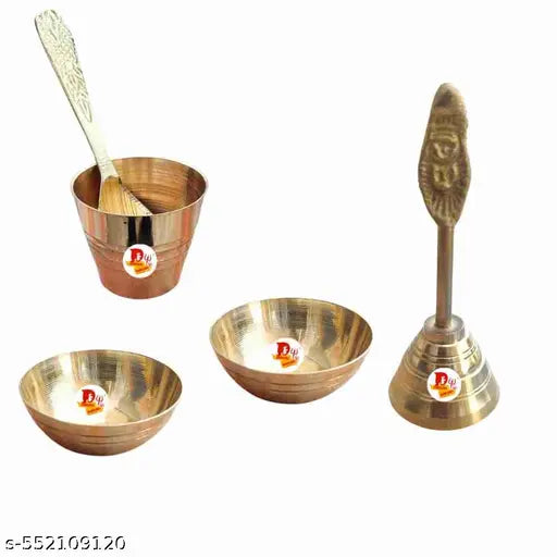 DARIDRA BHANJAN Brass Small Bhog Om thali set, Puja Bhog thali set, Ladoo Gopal Bartan Set, Bhog Thali Set with 2 Katori, 1 Glass, 1 Spoon Ghanti Decorative Set for Home Temple Decor, puja article.