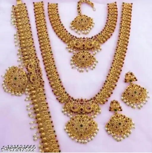 Bridal Gold Plated South Indian Wedding Traditional Temple Jewellery Set Latest Fashion Full Combo For Girls And Women (Golden)