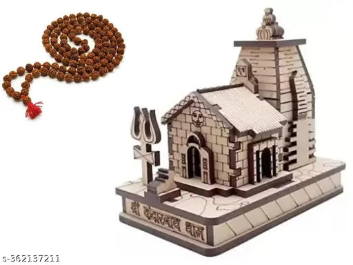 Haridwar Divine 5 Mukhi Five Face 108 Beads Rudraksha Jaap Mala With Wood Shree Kedarnath with Nandi Bull Temple 3D Model 9 X 8 X 5 Cm