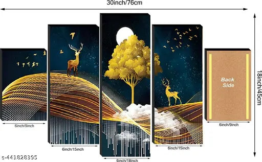 Set of 5 Modern Art wall painting with frame for home decoration , living room, office, hotel,(76x45 cm)Multicolour, theme wildlife