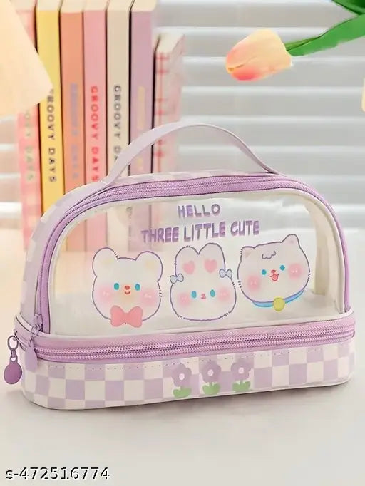 Kawaii Pencil Pouch with Strap Double Layer Pencil Pouch --Cl0ear Waterproof Cute Preppy Pencil Case Pen Bags Holder Storage and Organizer (Purple Friends)