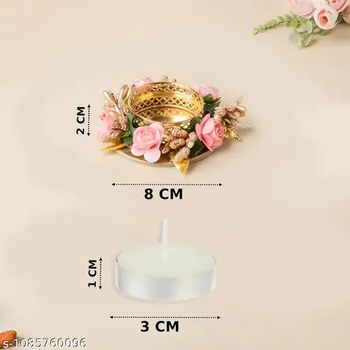 Metal Flower Diya Set of 5 with Wax Candles | Decorative Tea Light Holders