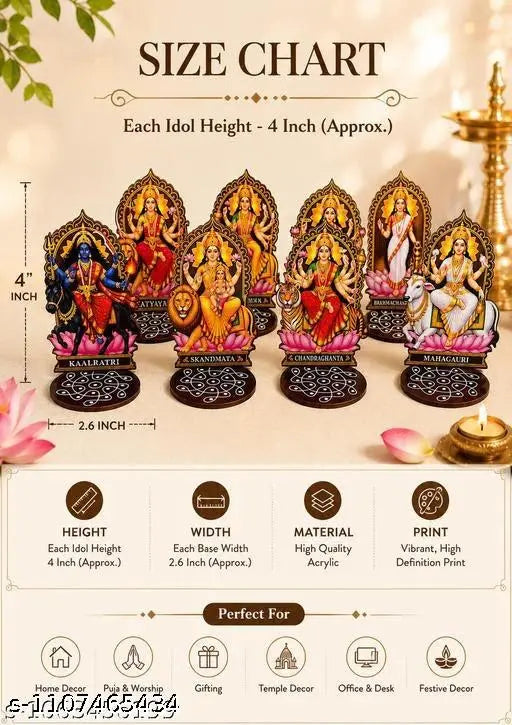 Navdurga Wooden Standee Set of 9 | 9 Forms of Maa Durga | 4 Inch MDF Table Top Idols | Navratri Pooja Room & Home Decor