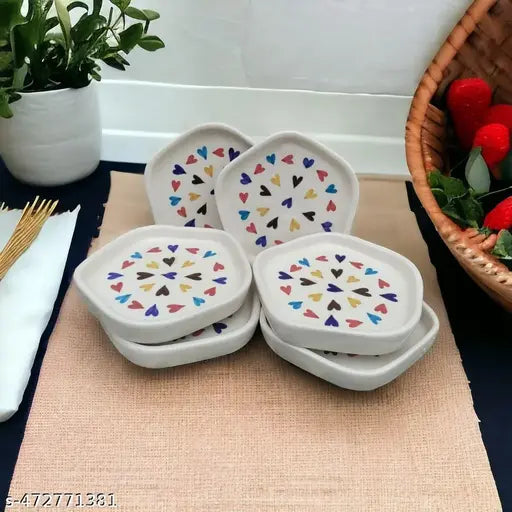 MALAIKAH Ceramic Multi Heart Print Platter Pack of 6, Valentines Gift for Lover, Gifts for Boyfriend, Girlfriend, Valentine’s Day Gift | Serving Platters| Platter For Snacks, (Valentine Special)