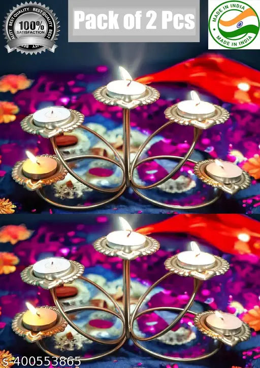 Taj India Handicrafts Metal Panchdeep Diya T-Light Candle Holders (22x7.5x10 CM) (Pack of 2 Pcs) for Diwali Lighting with T-Light & with Gold Powder Coated & Free Candles for Home & Diwali Decoration.