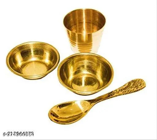 5 PCS Set/Two Bowl, Spoon, Glass, Plate/Pure Brass/for Pooja and BHOG, FROM HARIDWAR