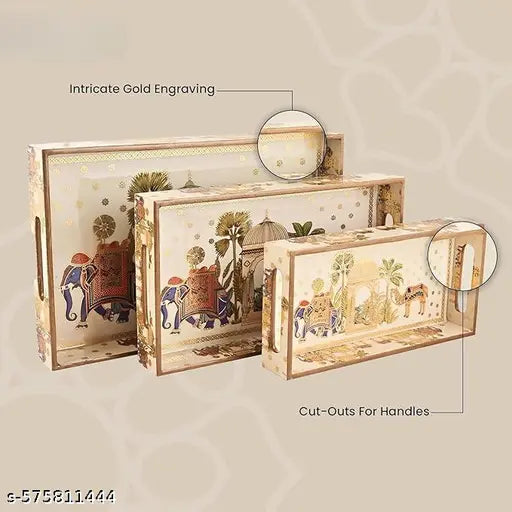 Set of 3 Royal Camel Theme Wooden Serving Trays – Enamel Coated Rectangular Platters with Gold Artwork | Waterproof Decorative Trays for Tea, Snacks, Gifting & Home Use | Sizes: 16x10, 14x8, 12x6 Inches