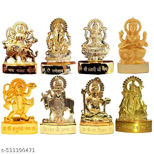 SANSKAARI Combo Set of 8 Beautiful God Idol (Durga ma , Ganesha ji , Lakshmi ma , Saraswati ma , Hanuman ji , Shiv ji , radha krishan ji , kali ma ) metal idol 11cm (gold )