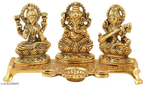 Laxmi Ganesh Sarawati Choki with 1 Diya set For Vastu,Home,Temple, Office, Gifting and Purpose Luck and Happiness Metal Size L-B-H-18x10x10 cm