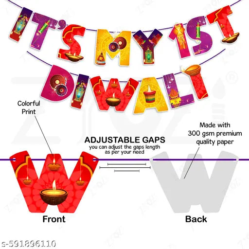 Zyozi® It's My 1st Diwali Paper Banner | Diwali Decorations for Indian Party | First Diwali Decorations Kit | Happy Diwali Kit (MultiColor)