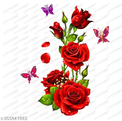 Red Rose Flower - Valentine florals - Self Adhesive Wall Sticker ( Packed Of 1 )