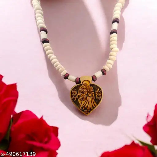 Original Tulsi Mala with Shree Radha Krishna Dil shape Necklace Wood Locket