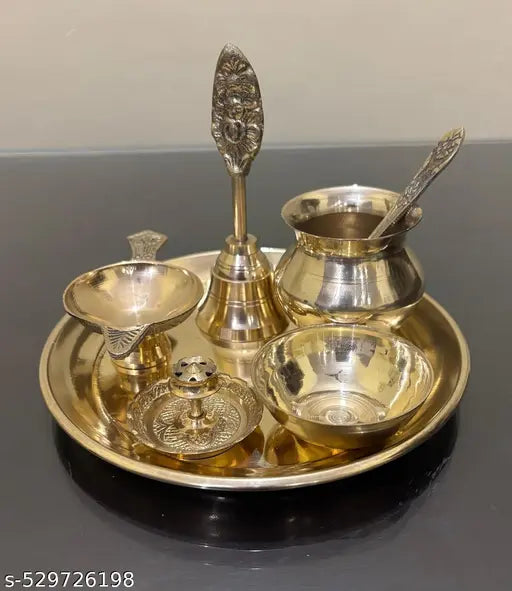 thali plane Set 6 Inch Puja Thali with Pital Plate Kalash Spoon Chandan Wati Dhup Dan Diya Ghanti Arti Thali for Diwali Home Office Mandir Wedding Return Gift Items + 1 सिंदूर दान