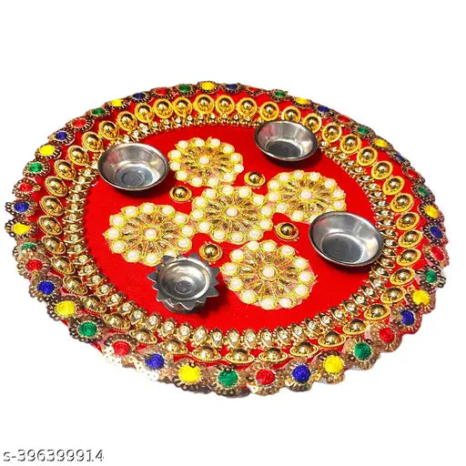 Handmade Decorative Pooja Thali, Puja Plate, Karwachauth Thali Set | Diwali Gift Items | Decorative Items for Pooja | Aarti Thali Decorative