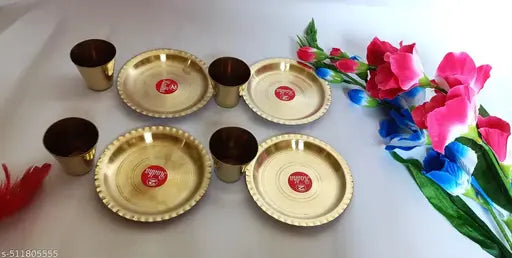 Mataraenterpraise24-Handmade Brass Puja Thali/Pure Brass Pooja Plate, Brass 4 Thali Set with 4  Glass for Temple, Home Décor & Office (combo) Gold