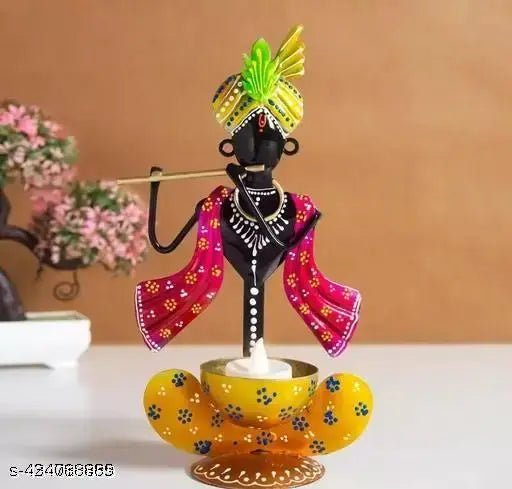 KRISHNA IDOL - RED & YELLOW HANDPAINTED MULTICOLOURED DECORATIVE DIVINE LORD KRISHNA CANDLE TEALIGHT HOLDER