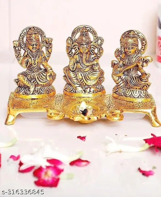Laxmi Ganesh Sarawati Choki with 1 Diya set For Vastu,Home,Temple, Office, Gifting and Purpose Luck and Happiness Metal Size L-B-H-18x10x10 cm