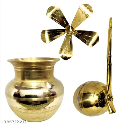 Divine Bazaar Glossy Mangal Kalash with Brass Nariyal and Brass Mango Leafs,Brass mangal kalash for vastu, vastu brass kalash, kalasha for new house pooja, Mangal Kalash for Pooja Ghar,Home Decor,Diwali Pooja, Wedding Cerimony Brass Kalash (pack of 2) (Go