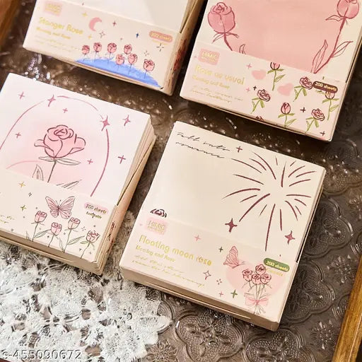 Romantic Aesthetic Sticky Notes with Delicate Heart, Rose & Butterfly Designs – Multicolor Rectangular Self-Stick Memo Pads for Journaling, Office, and Creative Projects – 200+ Notes (Pack of 1)