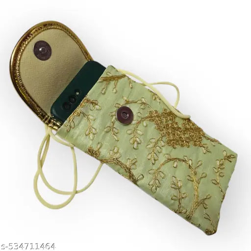 Sumera warq Embroidered Mobile Phone Pouch Cover, Mint Green with Gold Floral Design, Women's Accessory