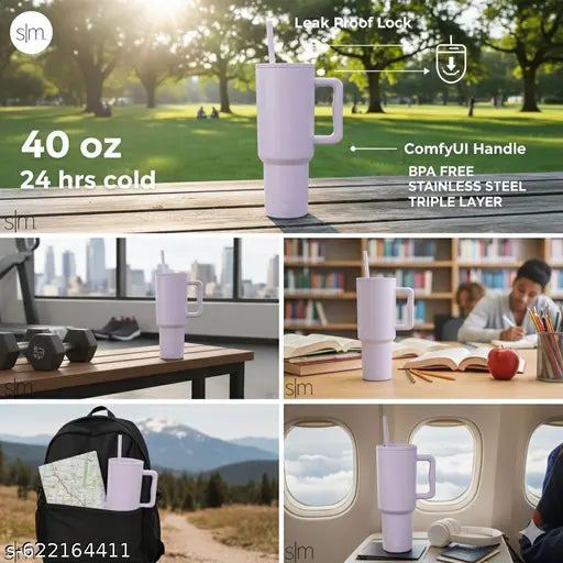 1200ML Stainless Steel Tumbler with Handle & Lid, Straws – Large Travel Mug Water Cup for Gym, Office & Outdoor Use (Purple)