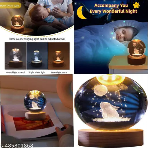 Solar System Crystal Ball Night Light,Glass Ball Night LED Lamp with USB Powered 2.36 Inch Wooden Base Colorful Crystal Ball for Gifts Men,Women,Kids,Boys,Girls (Moon Rabbit)