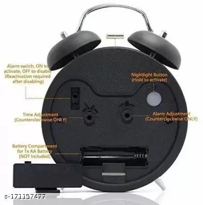 HIRPARAS® Alloy Steel, Glass Twin Bell Edition Vintage Look with Night LED Display Table Alarm Clock, 12x10x6 cm, (Black)