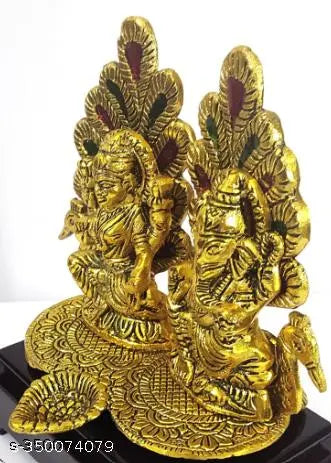 HaridwarDivine | Laxmi Ganesh Idol Statue with Diya in Peacock Design Decorative Showpiece for Diwali puja, , Gift Set - 12 cm Length (Metal, Gold)