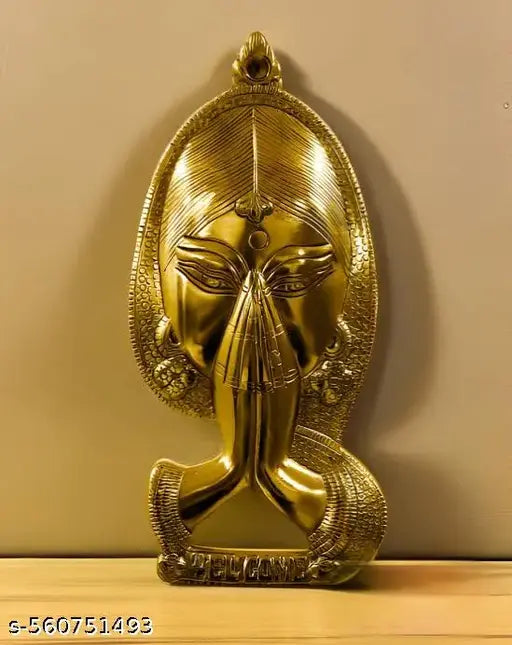 Shree Girraj Ji Traders Welcome Namaste Lady Metal Hanging Religious Metal Wall Decor Showpiece Hanging Entrance Gate Decor (14 x 2 x 28 cm, Antique)