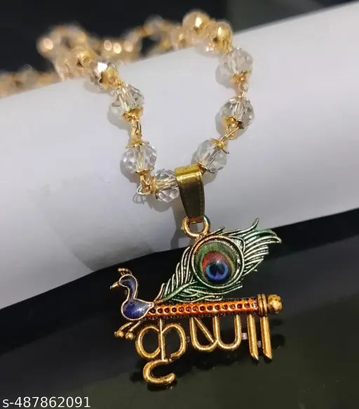 Trending stylish new hindu religious gold plated Radhe Shyam Krishna locket with Crystal mala chain pandent Necklace for boys/men and girls/women