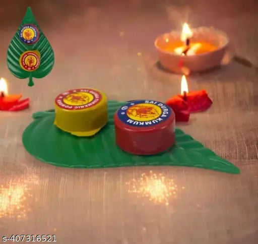 Name: Leaf shape Thamboolam set with Pasupu Kumkum- Fancy Leaf set combo with Haldi Kumkuma (21) pic