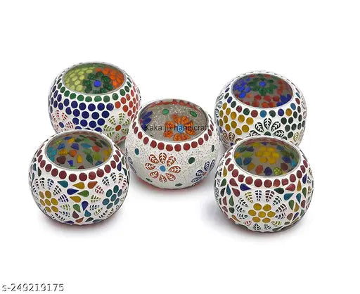 Mosaic Tealight Candle Holder for Home & Office Decor II Living Room II Dinning Table II Candle Tealight Dinner ( Set of 5 ) ( Design Multi )