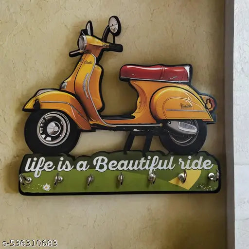 Vintage Scooter-Themed Key Holder – "Life is a Beautiful Ride" Wall Mount with 7 Hooks (9.5 x 8.5 Inch)