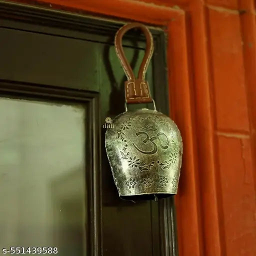 DULI Feng Shui Vastu  Metal Cowbell with Om Design for Wall Decoration| DDLJ Swiss Style CowBell with Leather Handle for Main Door & Wall Décor |  Decorative Bell 12x6 Inch for Home, Office, Balcony Spiritual Decor