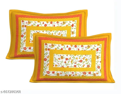 Jaipuri Cotton Double Bedsheet with 2 Pillow Covers | Premium Floral Print Yellow Bedsheet for Bedroom Décor