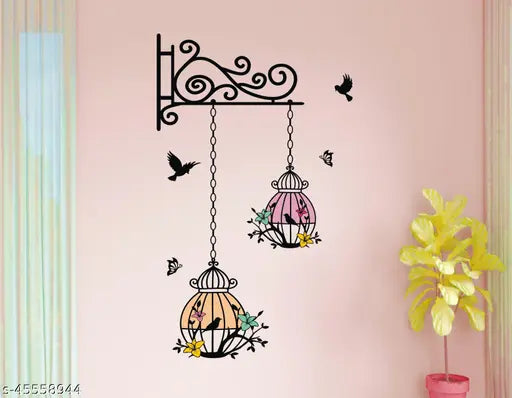 Decor Solution Hanging Flower Birdcage With Birds Wall Sticker For Living Room, Bedroom ( ideal size on wall: 39 cm x 63 cm ),Multicolour