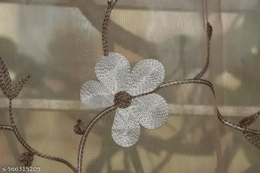 Embroidery Premium Floral Design Transparent Sheer Net Curtain with Metal Eyelet/Ring (Pack of 1) - BROWN