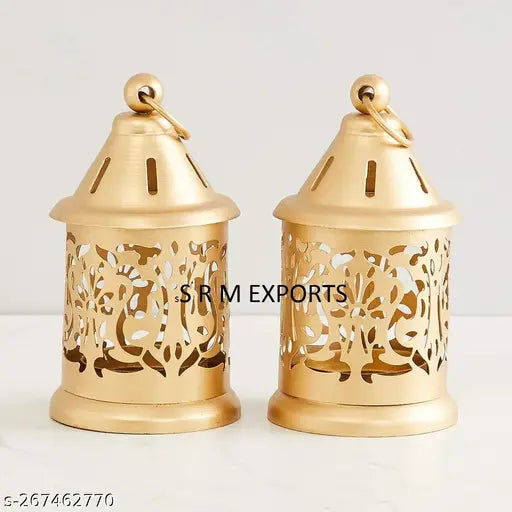 Golden Morrocan Iron Lantern Tealight Candle Holder With Golden Colour for Home Decor, Size – 6x6 Inch, Pack of 2