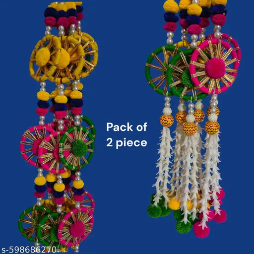 Kashish Collection - Handmade Hanging, With Pom Pom, Jali Chudi, with Woolen Tassels, Pack of 2, Color - Multicolor, Size - 28 Inch, Perfect Used For - Home Decor, Festival & Wedding Decoration