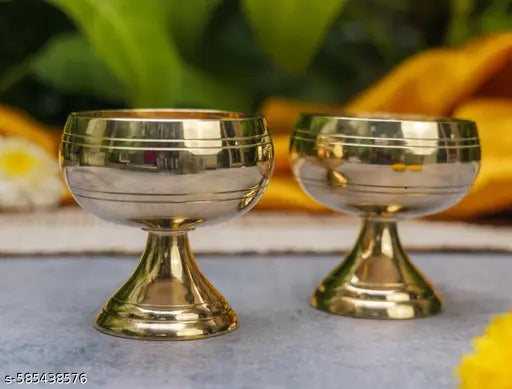 Set of 2 piece|Kuber Goblet Brass Table Diya Jyoti Oil Lamp Round Apple Design Shape Diya for Pooja Deep|for Home decor & Temple|size-2